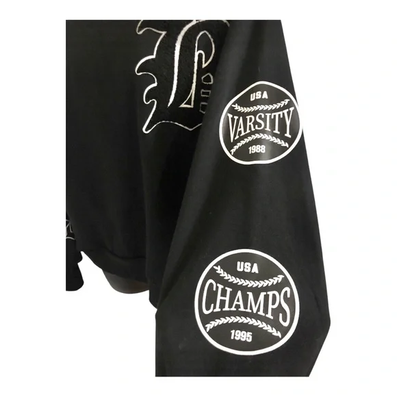 Black multi print varsity patchwork sweatshirt size medium brand new - Picture 6 of 10